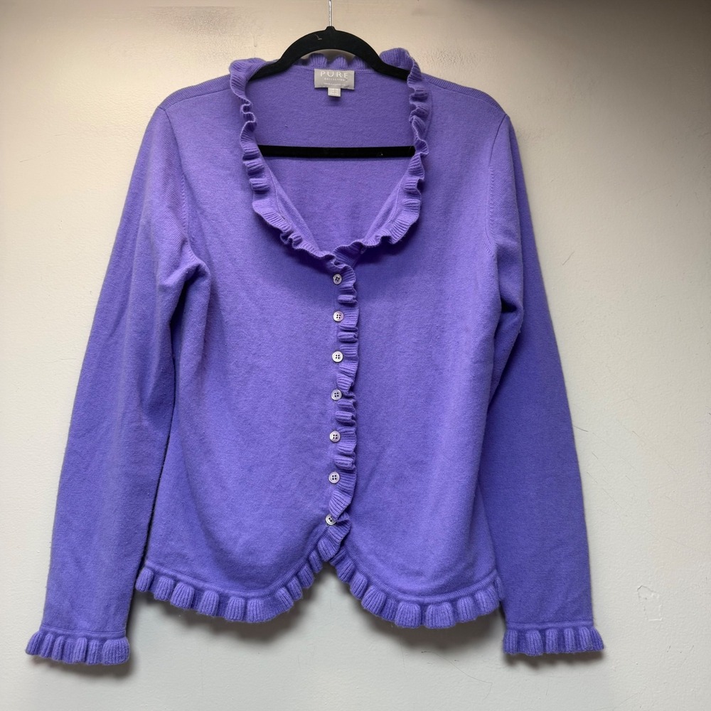 Pure Collection Cardigan Womens 12 Purple Excellent Cashmere Ruffle Trim 9430